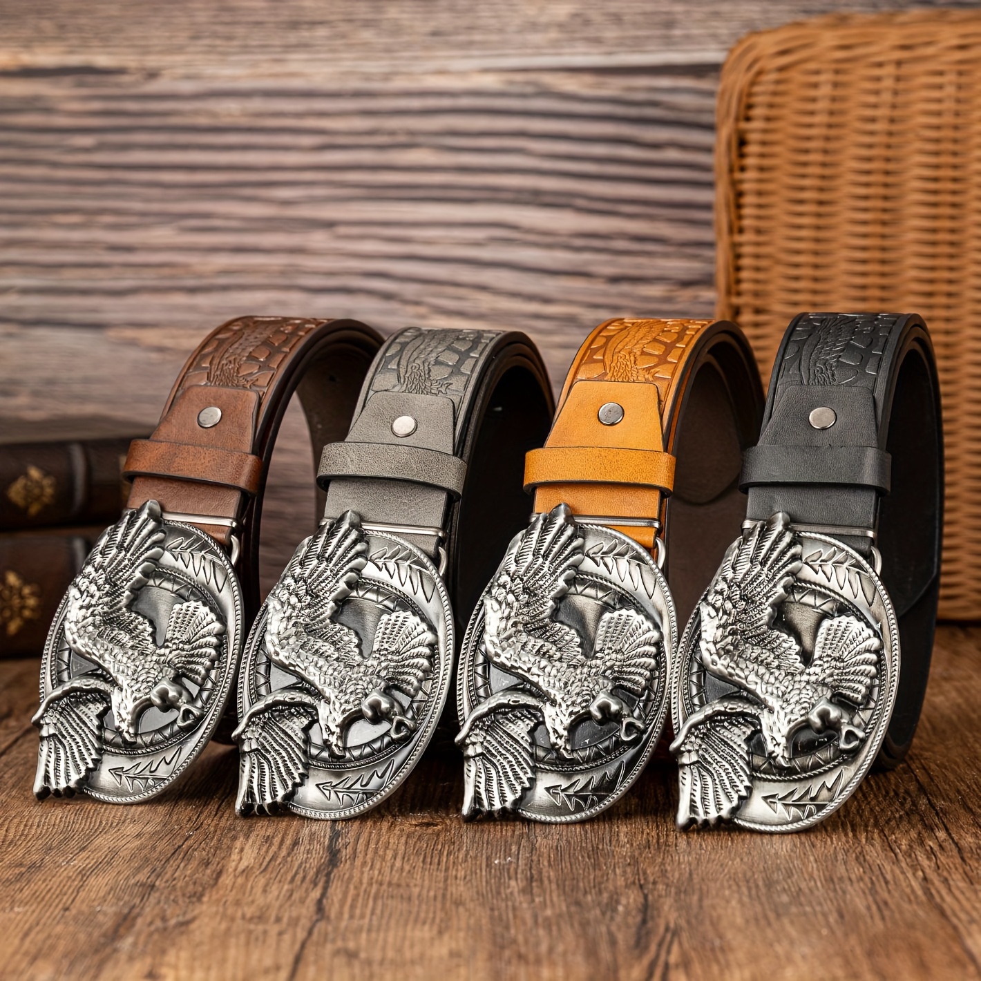 Large Oval Eagle Buckle Belt Embossed PU Leather